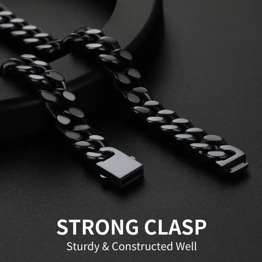 Men's 12mm Width Steel Black 18K Gold Plated Cuban Durable Hip Hop Chain Jewelry